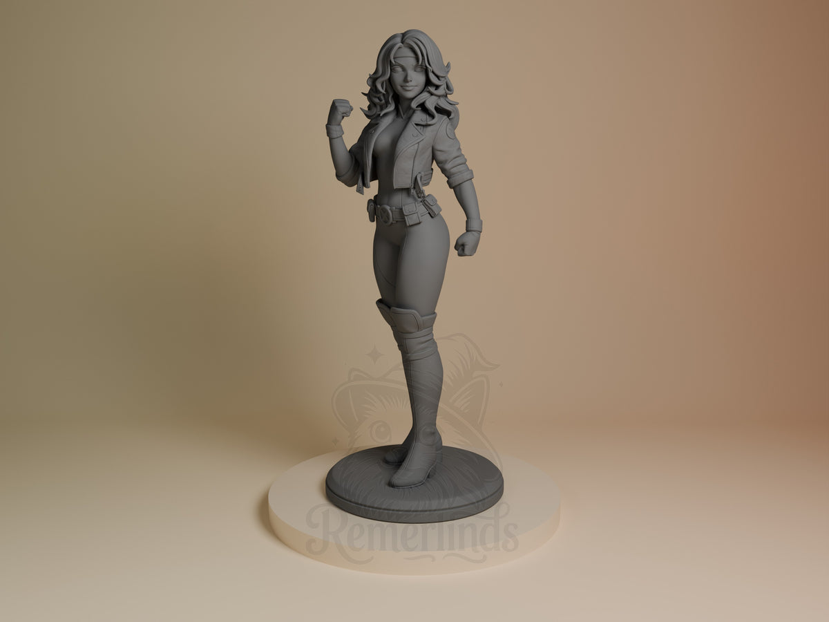 Crimson Drifter from Mutant Heroes unpainted resin figure shown from front, standing in confident pose with fist raised, detailed tactical outfit on round base.