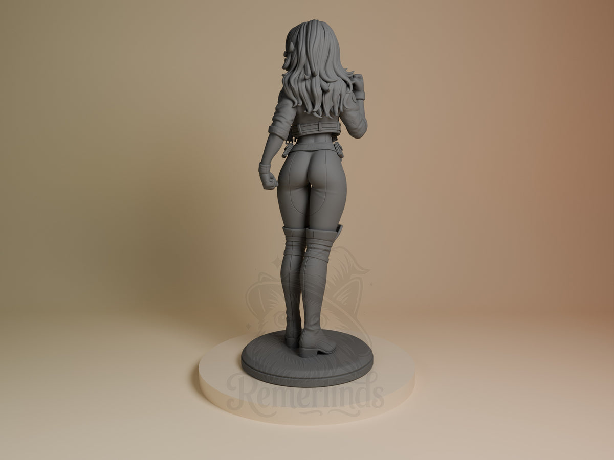 Crimson Drifter resin figure from Mutant Heroes, rear view, standing pose on round base, long wavy hair, fitted tactical outfit with belt and leg wraps, unpainted gray resin.