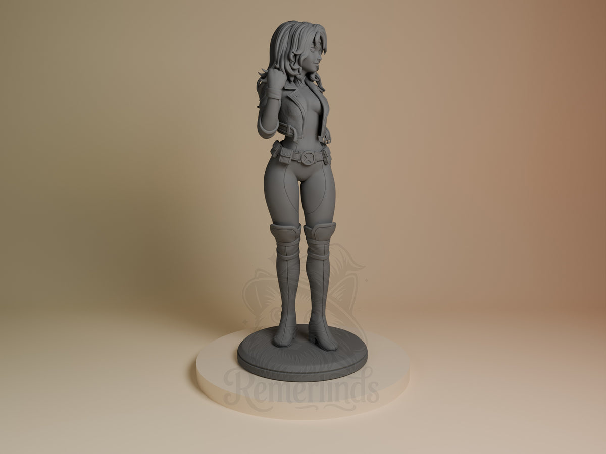 Crimson Drifter resin figure from Mutant Heroes shown from the right side in standing pose on a circular base, unpainted gray prototype.