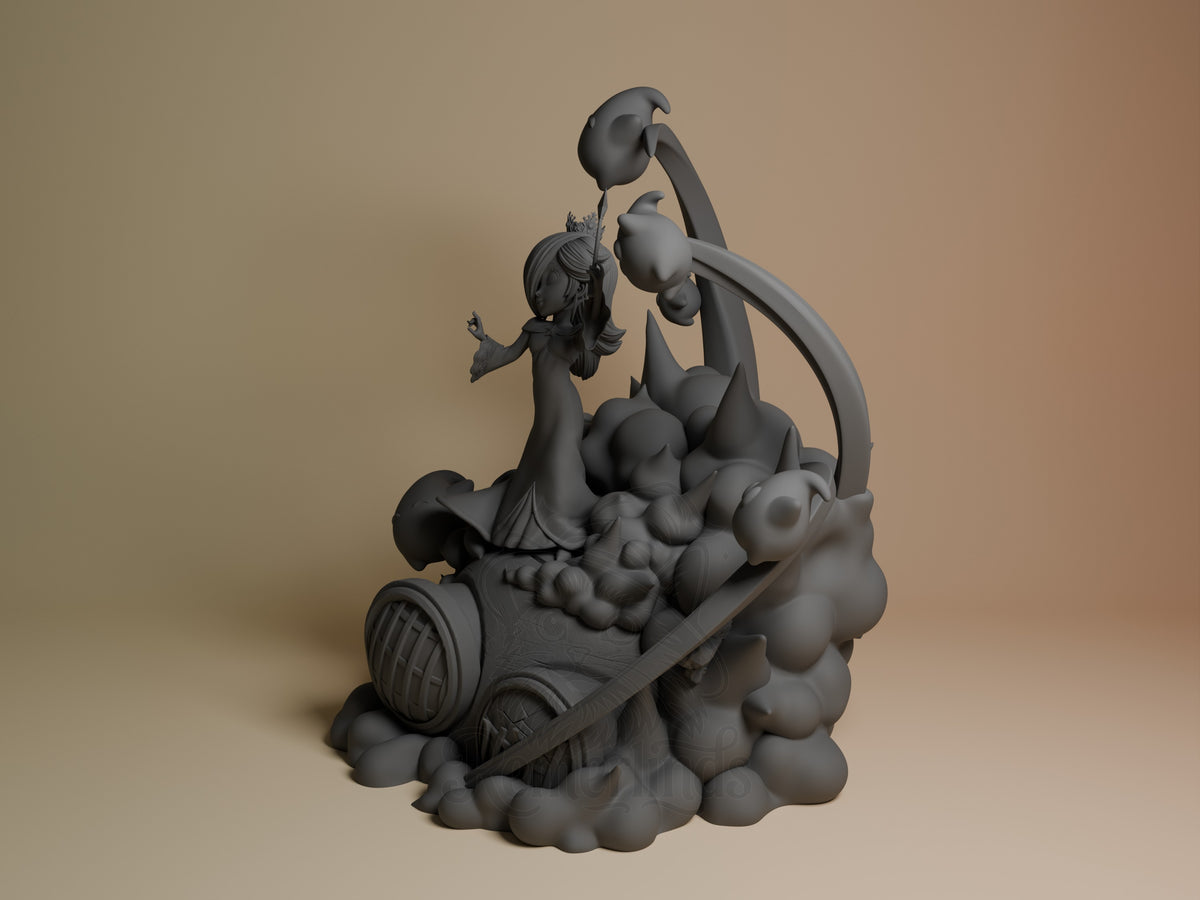 Galaxy Princess resin figure shown at angle, unpainted gray finish, posed on cloud base with barrel wheel and dynamic arm gesture.