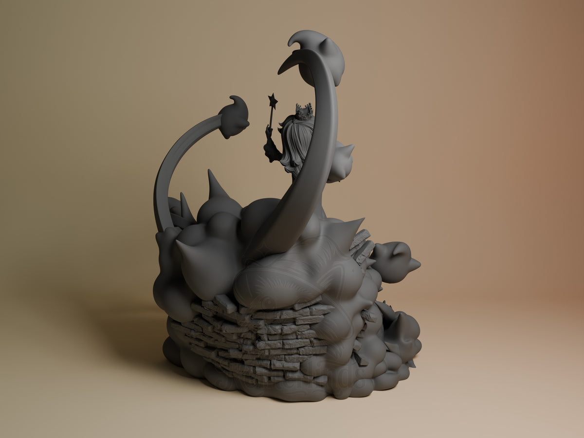 Galaxy Princess resin figure shown from back, unpainted gray, mounted on stone base with tentacle-like appendages raised, holding magical wand aloft.