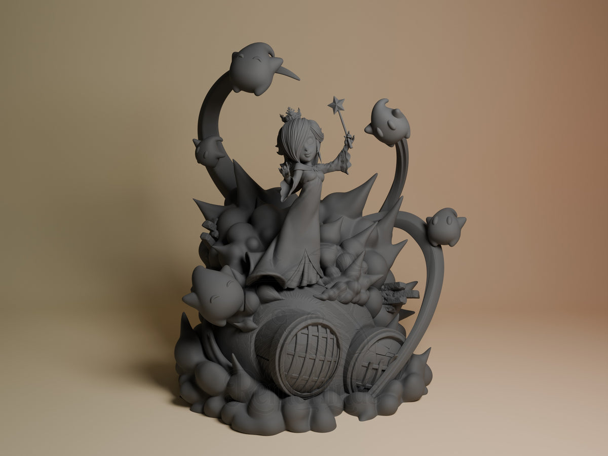 Galaxy Princess resin figure shown from front, unpainted gray, centered on cloud base with barrel details, surrounded by curved tentacle arms holding bird creatures and magic wand.