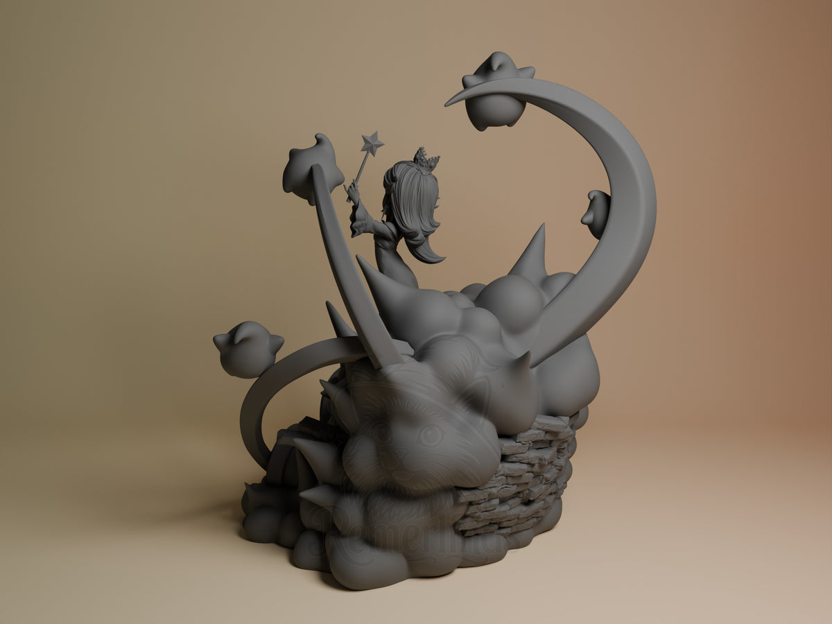 Galaxy Princess resin figure seated on cloud base, waving magic wand with star, flanked by crescent moons, unpainted gray finish, left side view.