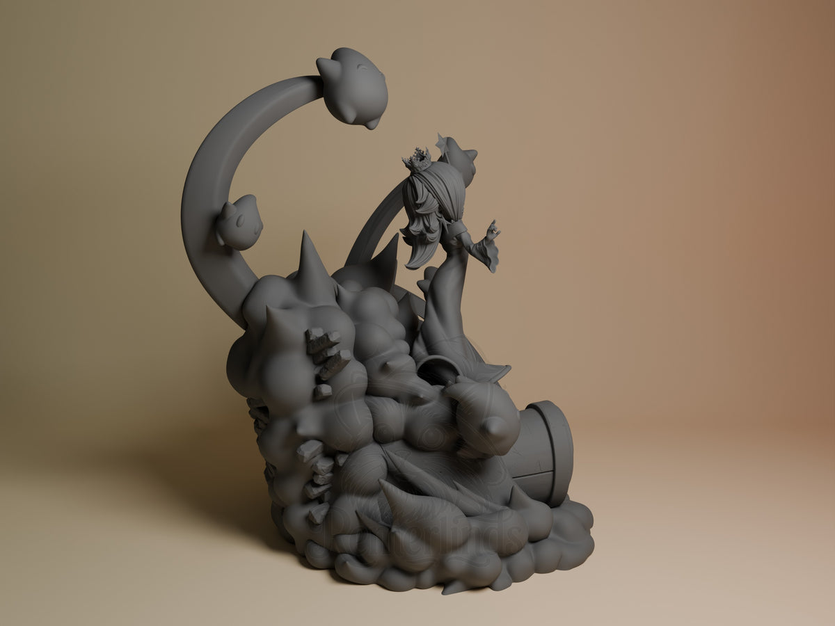 Galaxy Princess resin figure shown from right angle, unpainted gray, posed on cloud base with curved tail element arching overhead.