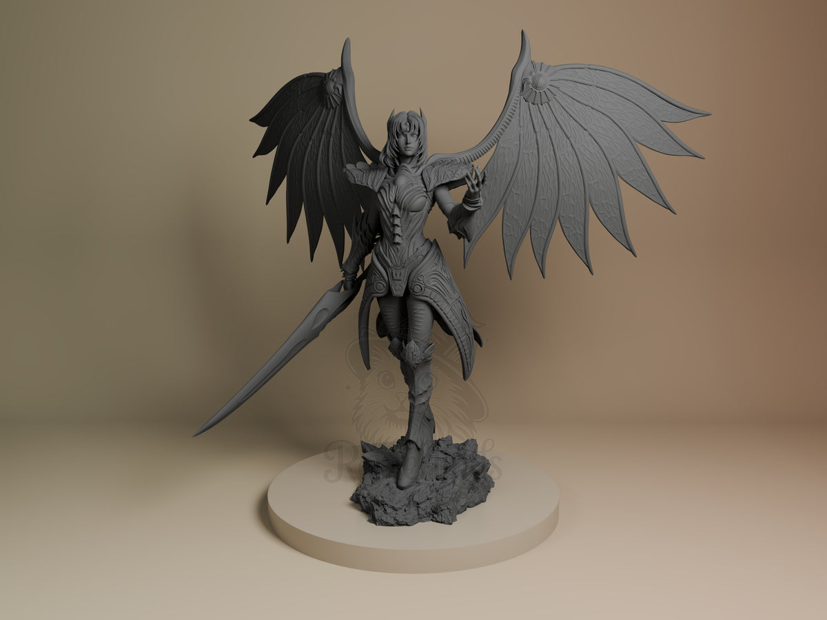 Rose Legend of Dragoon 3D printed resin figure by Nomnom, unpainted front view. The figure depicts Rose from Legend of Dragoon in a striking action pose, balanced on one leg atop a rocky base. She wields a large sword in her right hand and features expansive, detailed wings. Her armor is intricately designed with decorative elements, complemented by a horned helmet and flowing hair, giving the impression of a powerful, dynamic warrior poised for battle or flight.
