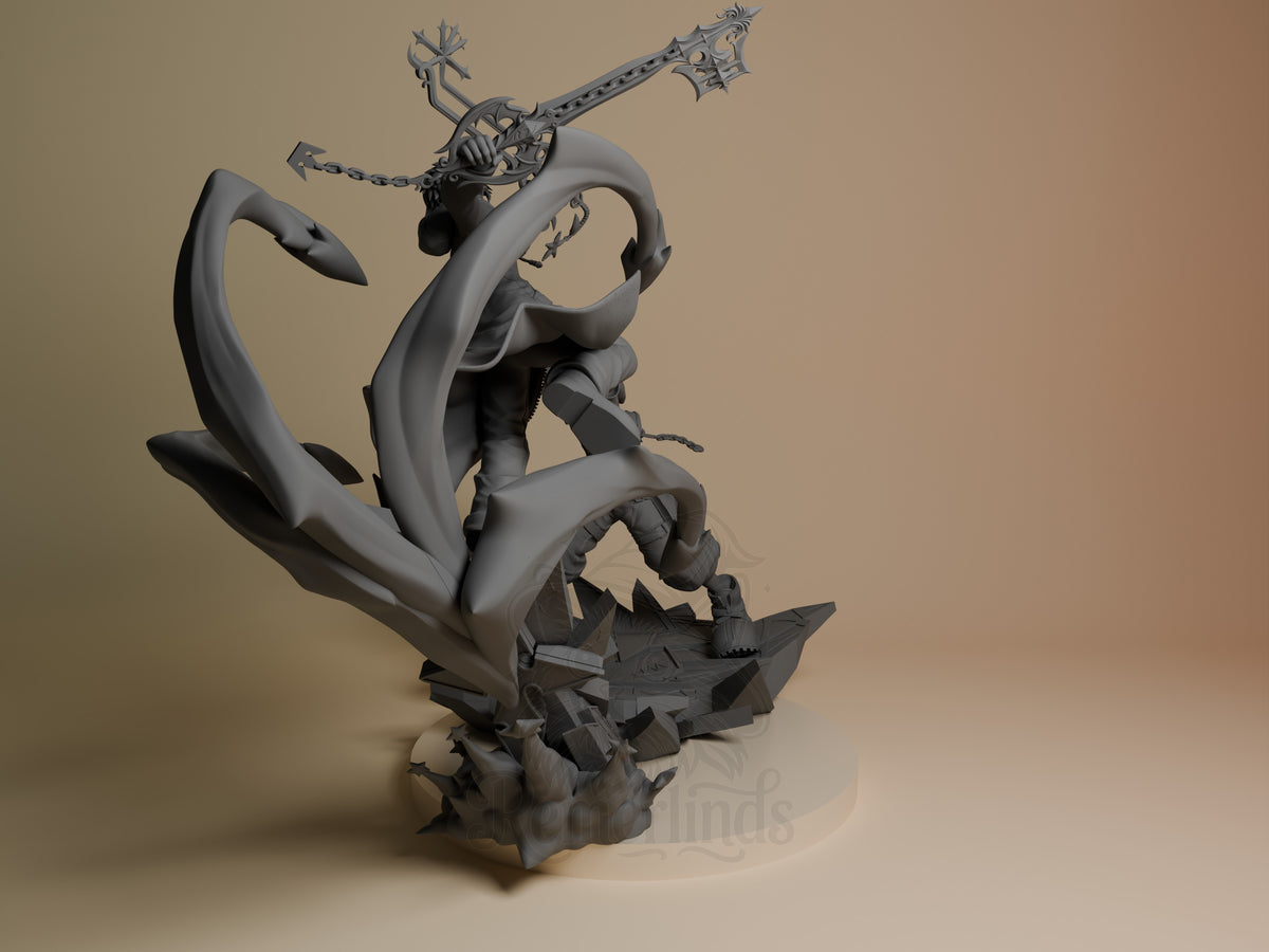 Twin Sky Warriors resin figure from Heart Realms Saga shown at angle, unpainted gray with ornate weapons and flowing base detail.