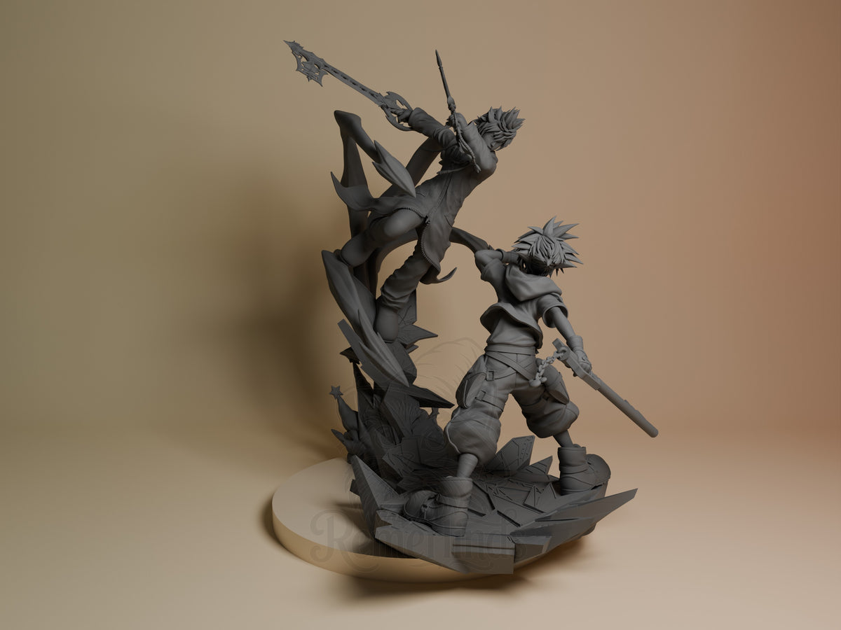 Twin Sky Warriors resin figure from Heart Realms Saga shown from back view, unpainted gray figures mid-combat on jagged base with weapons raised.
