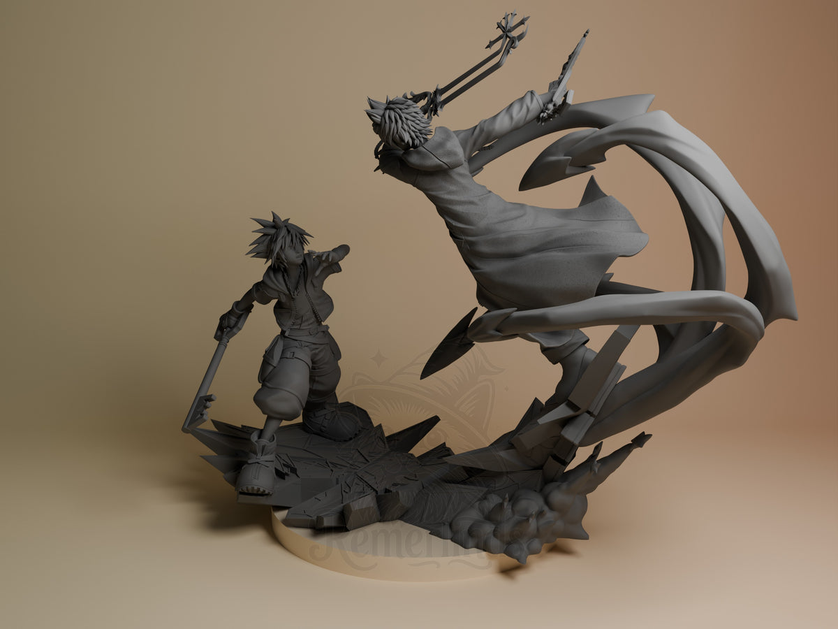 Twin Sky Warriors resin figure from Heart Realms Saga, unpainted gray, front view showing two dynamic characters with weapons on textured base.