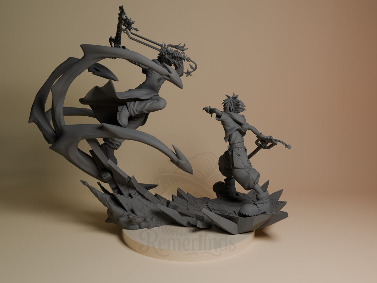 Twin Sky Warriors resin figure from Heart Realms Saga, unpainted gray, shown from left angle with dynamic flying pose on jagged base.