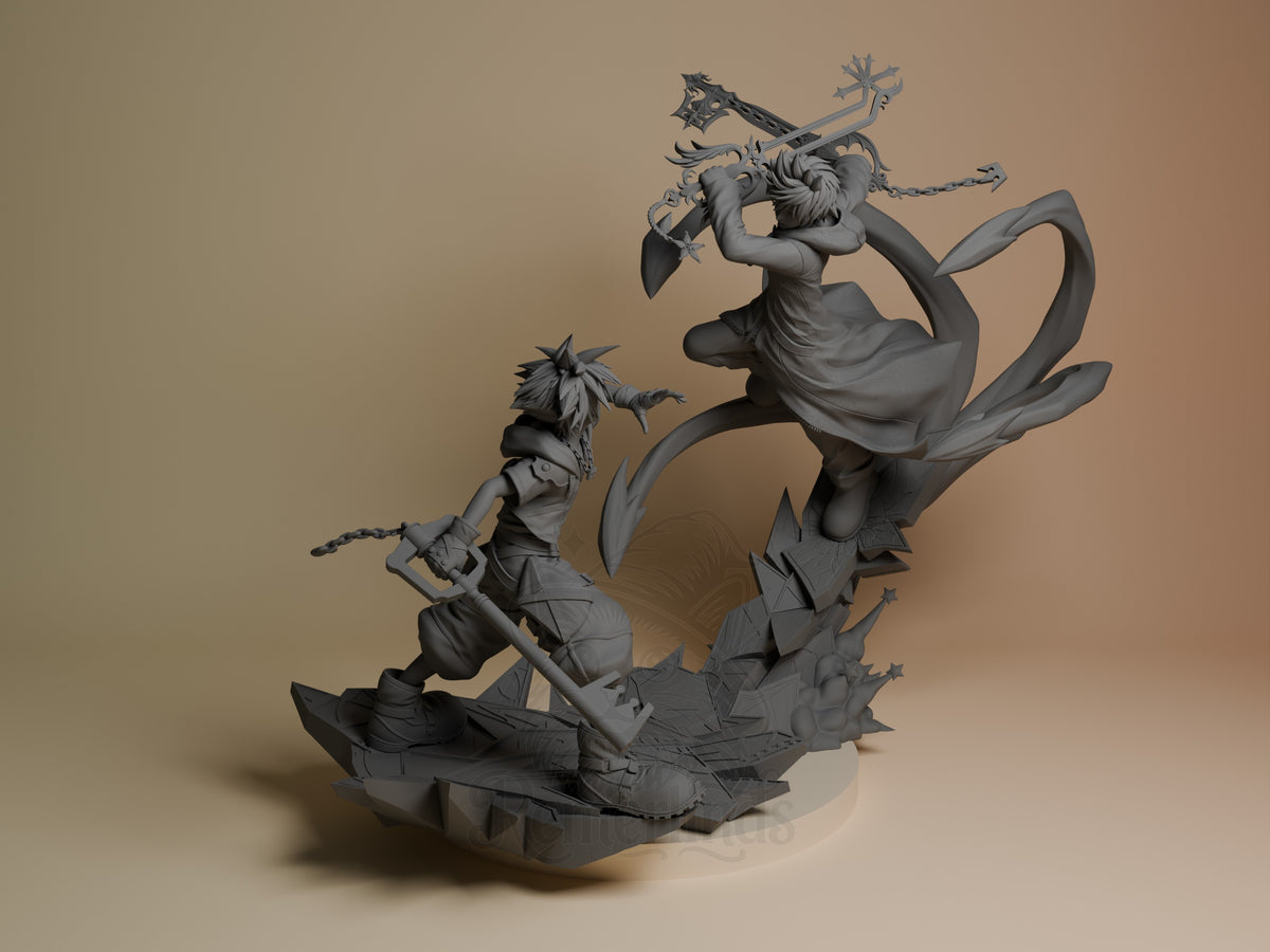 Twin Sky Warriors resin figure from Heart Realms Saga, unpainted gray, dynamic mid-action pose on jagged base, right angle view showing both characters with weapons raised.