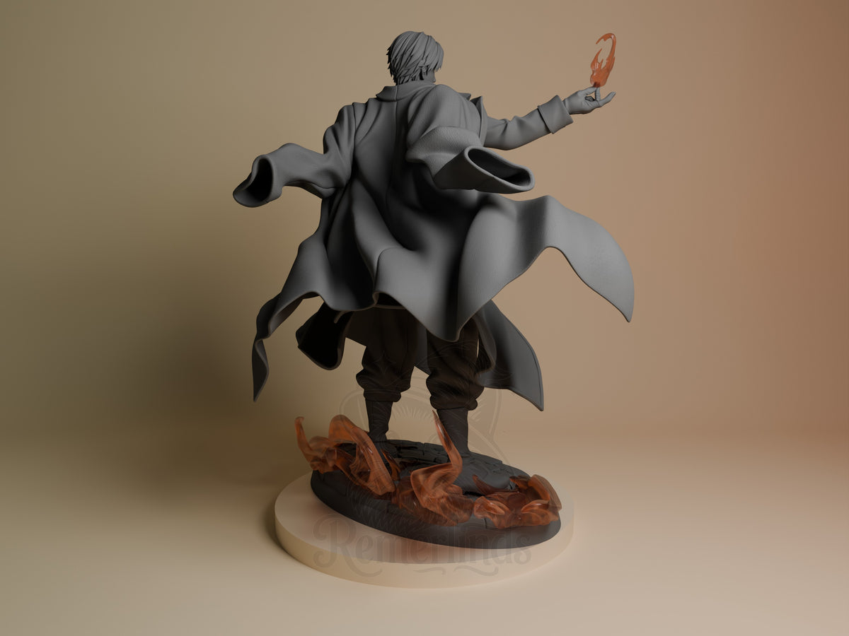 Roy Mustang resin figure viewed from behind, dynamic pose with cape flowing, one arm raised holding flame, unpainted gray with painted base details.