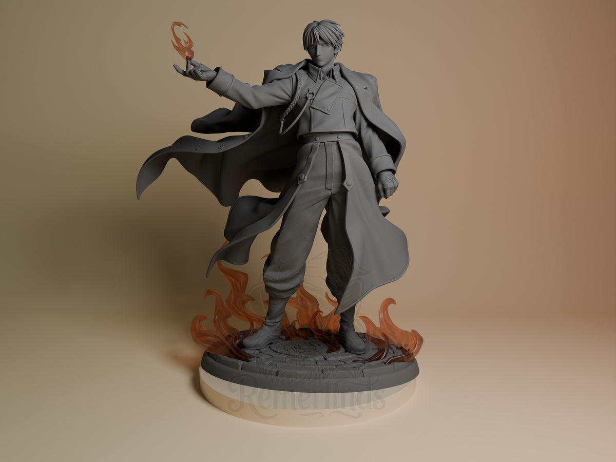 Roy Mustang resin figure in dynamic pose with raised arm, flowing coat, unpainted gray finish, red flame base details, front view.