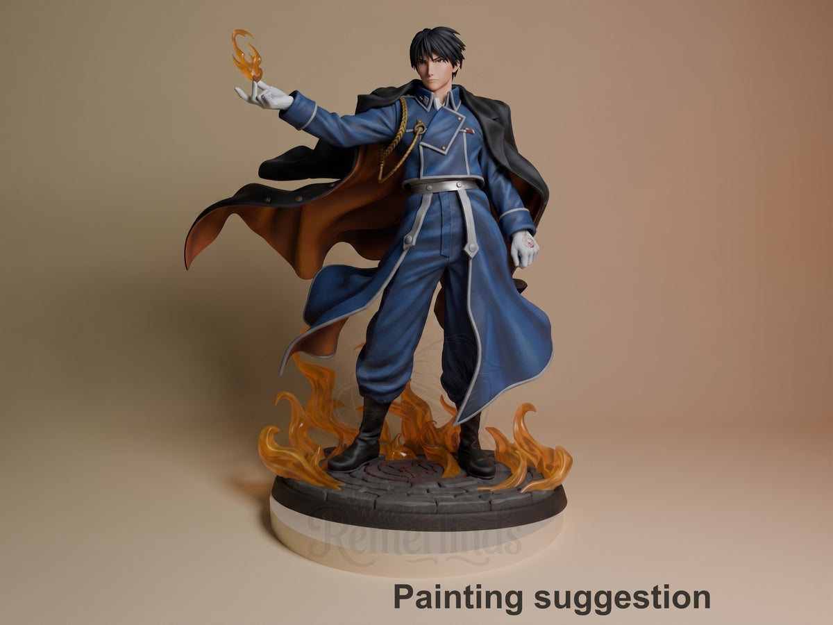 Roy Mustang resin figure in blue military coat with flames on base, left arm raised, dynamic pose on round platform.