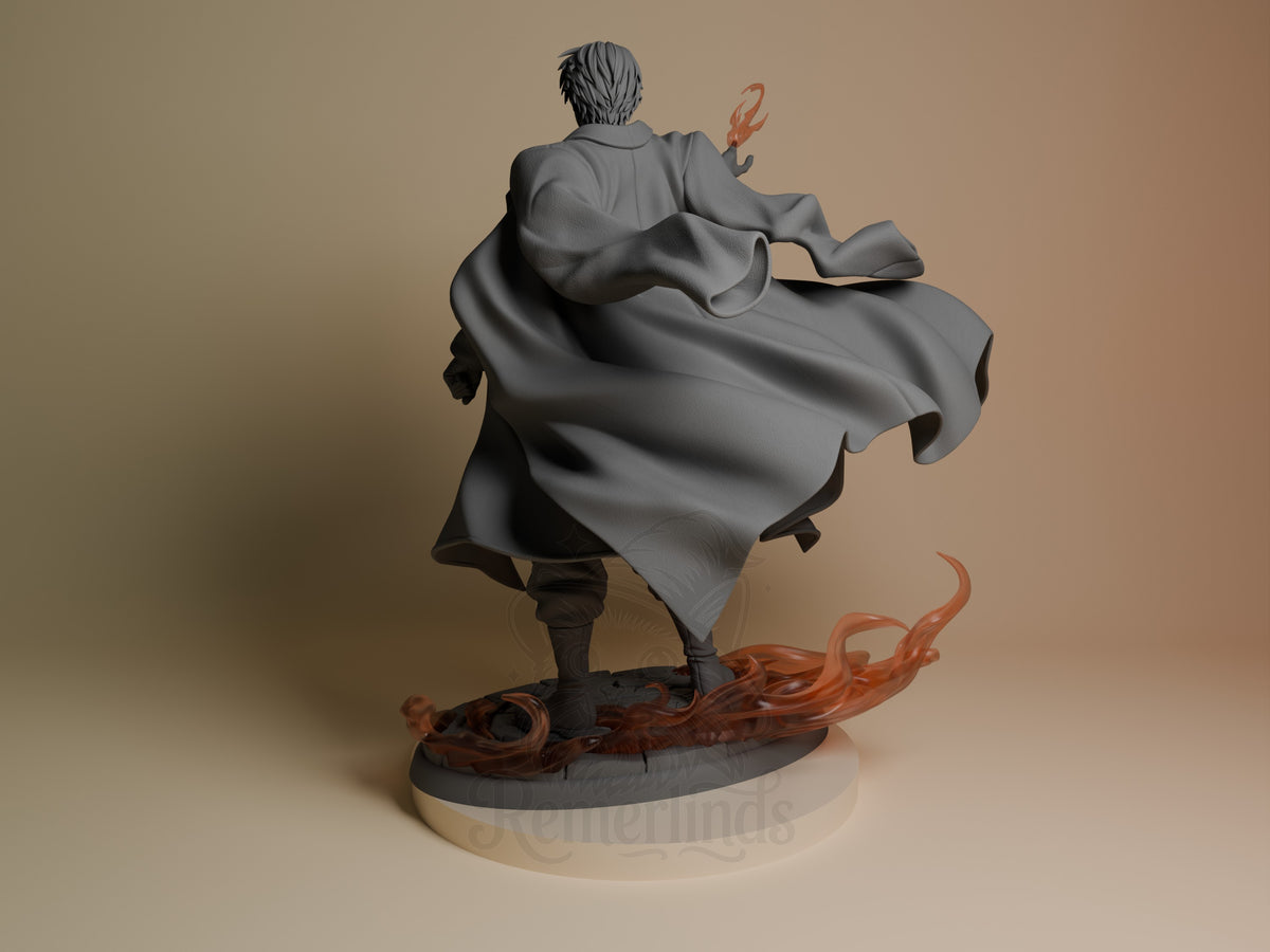 Roy Mustang resin figure viewed from behind, dynamic pose with billowing coat, unpainted gray body with painted red flame details on base, circular platform.