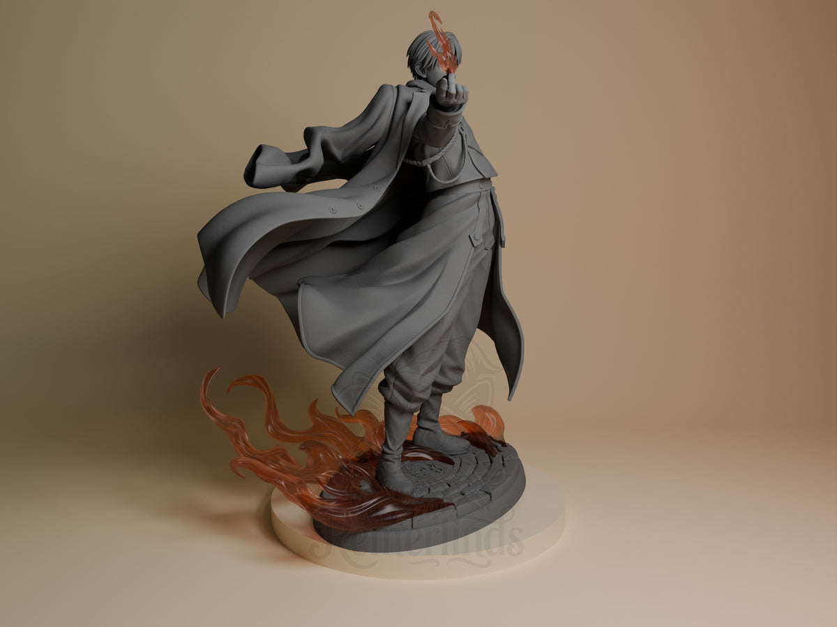 Roy Mustang resin figure in dynamic pose with cape flowing, unpainted grey body, red flame effects on base, right-side angle view.