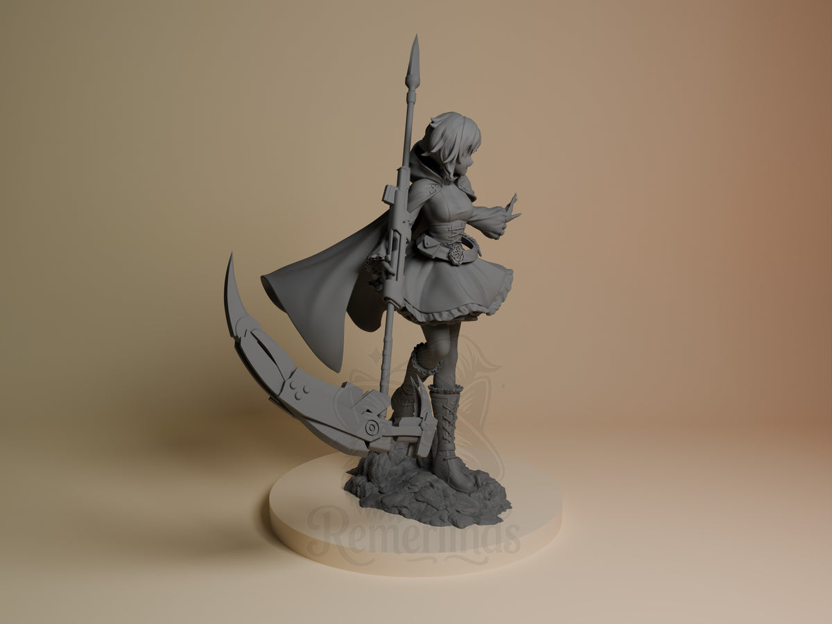 Ruby Rose resin figure from RWBY shown from right side, unpainted gray, holding scythe and rifle with flowing cape, on rocky base.