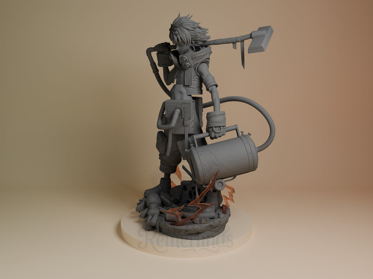 Rudo from Gachiakuta resin figure in gray primer, posed with axe raised, mechanical tank backpack visible, rocky base, three-quarter angle view.