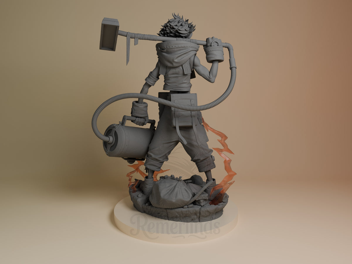 Rudo from Gachiakuta resin figure shown from back, wielding hammer and wrench with tubing, unpainted gray with orange base accents.