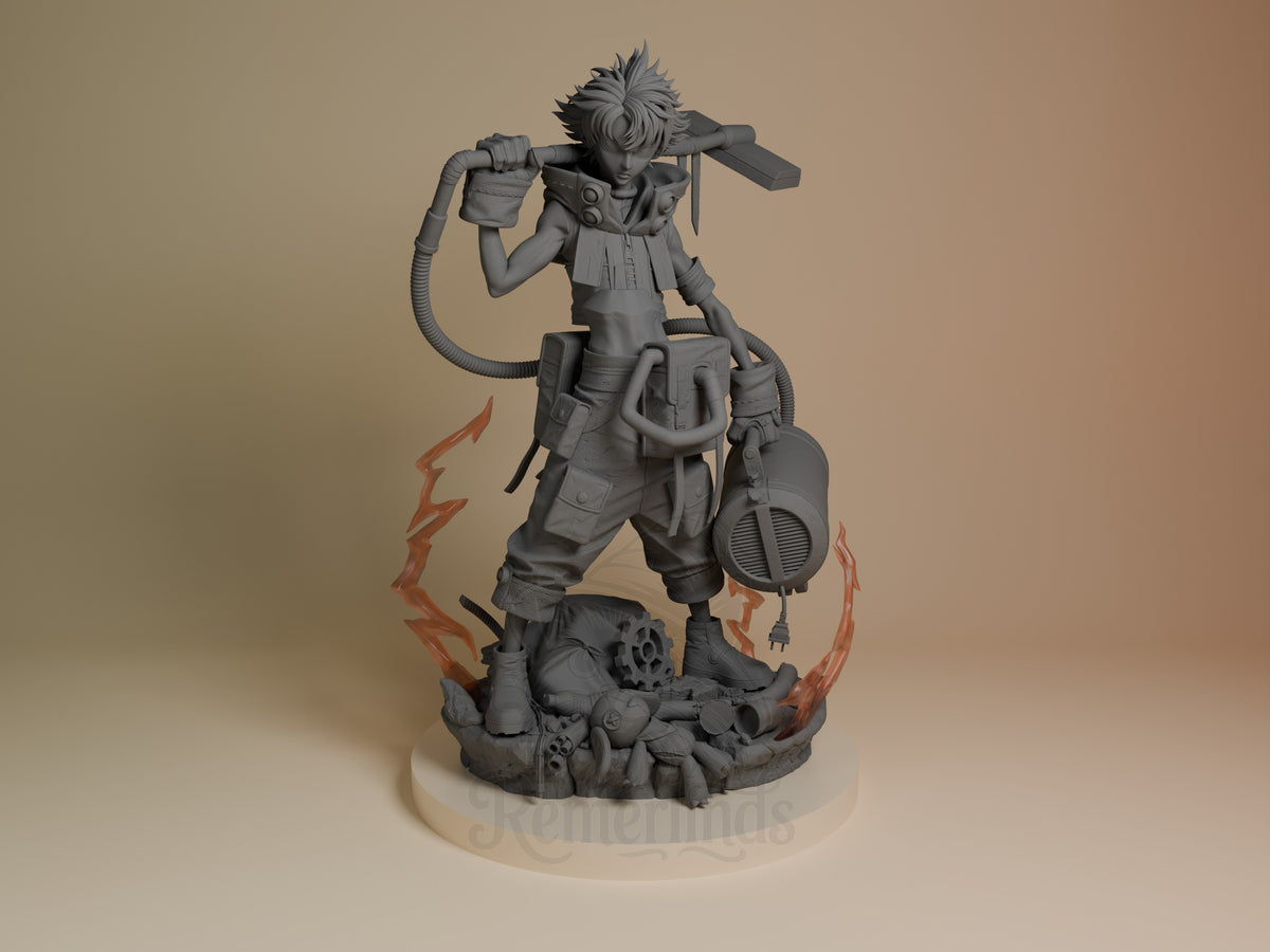 Rudo from Gachiakuta resin figure posed frontally on mechanical base, holding wrench and headphones, unpainted gray with red painted accents.