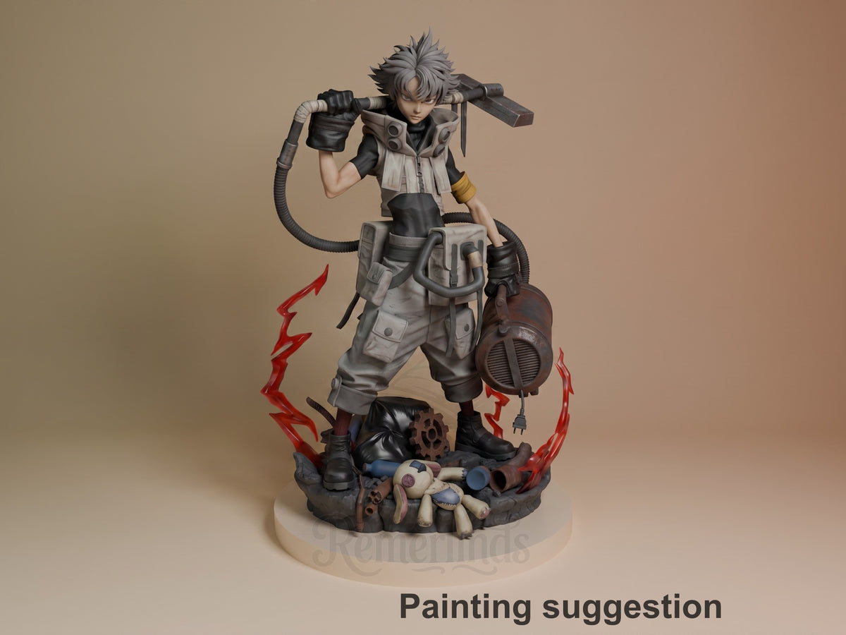 Rudo from Gachiakuta resin figure in painted colors, posed standing on mechanical base with tools, shown from front angle.