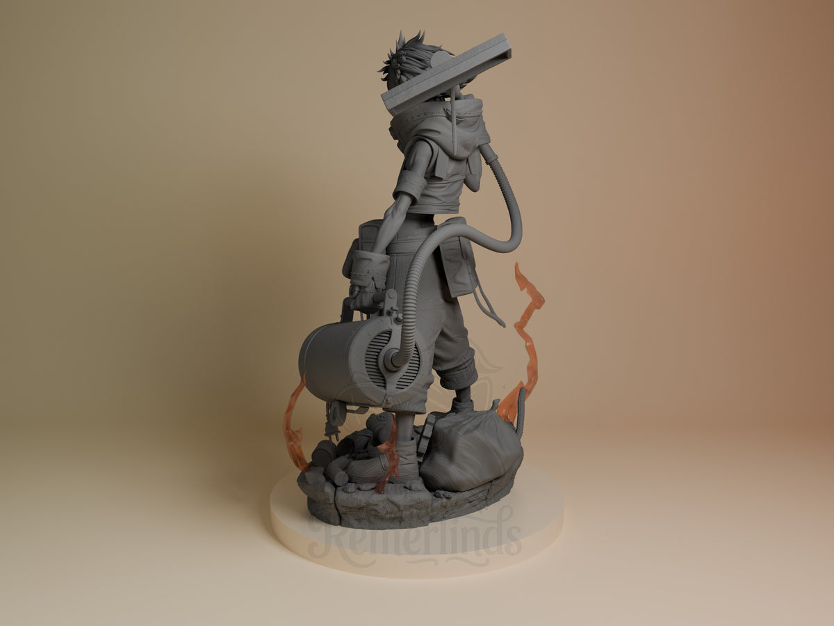 Rudo from Gachiakuta resin figure shown from left side, standing on mechanical base with unpainted gray resin, holding telescope upward with spiky hair detail visible.