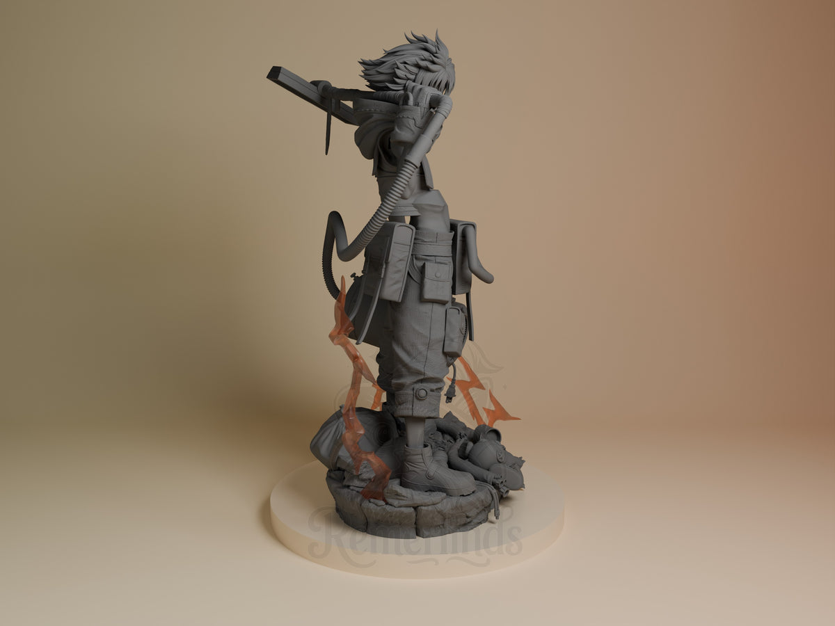 Rudo from Gachiakuta resin figure shown from right side, standing on rocky base with tail raised, holding weapon, partially painted.