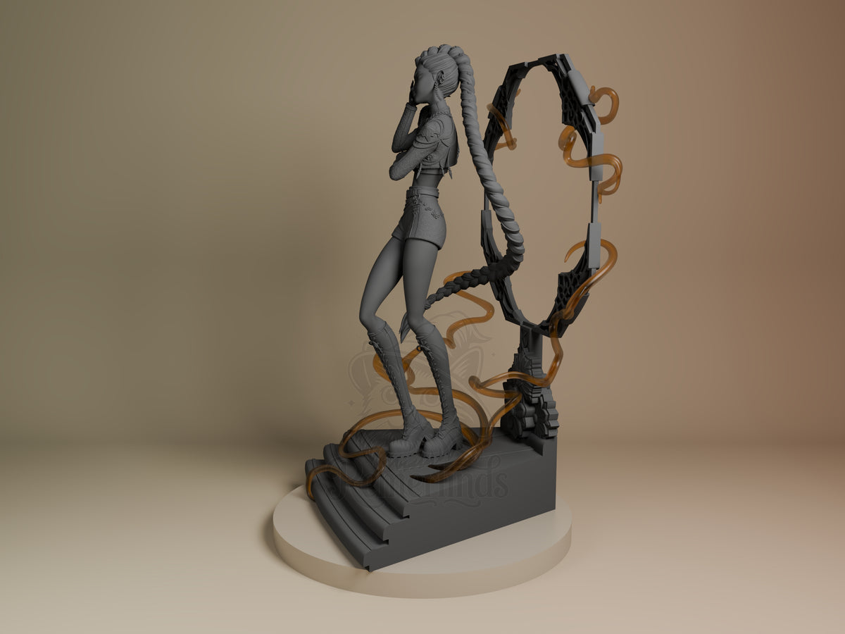 Rumi from KPop Demon Hunters resin figure shown at angle, unpainted gray with gold-trimmed tentacle accessories and dark base platform.
