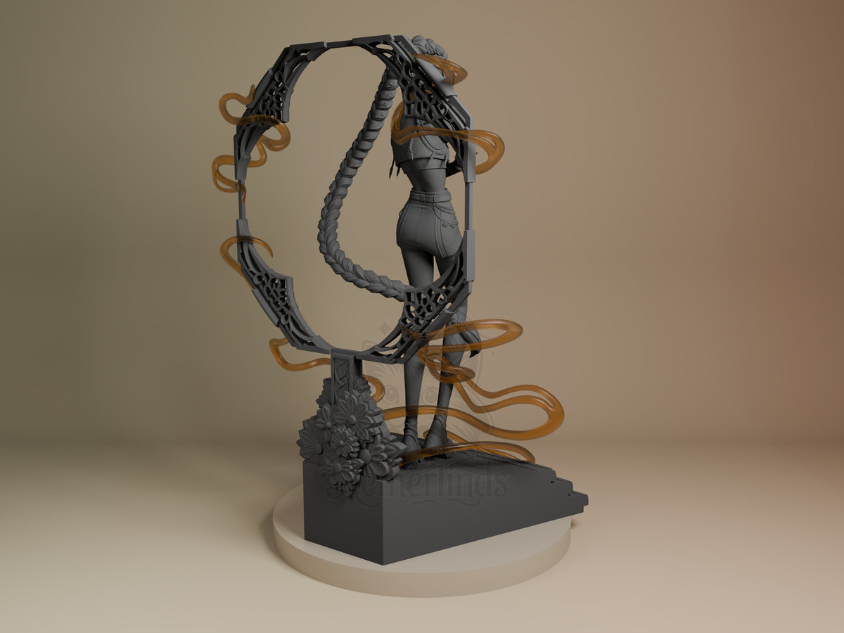 Rumi from K-Pop Demon Hunters resin figure shown from behind, displaying detailed back sculpt, ornate dark base, and golden tentacle accessories coiled around posed form.