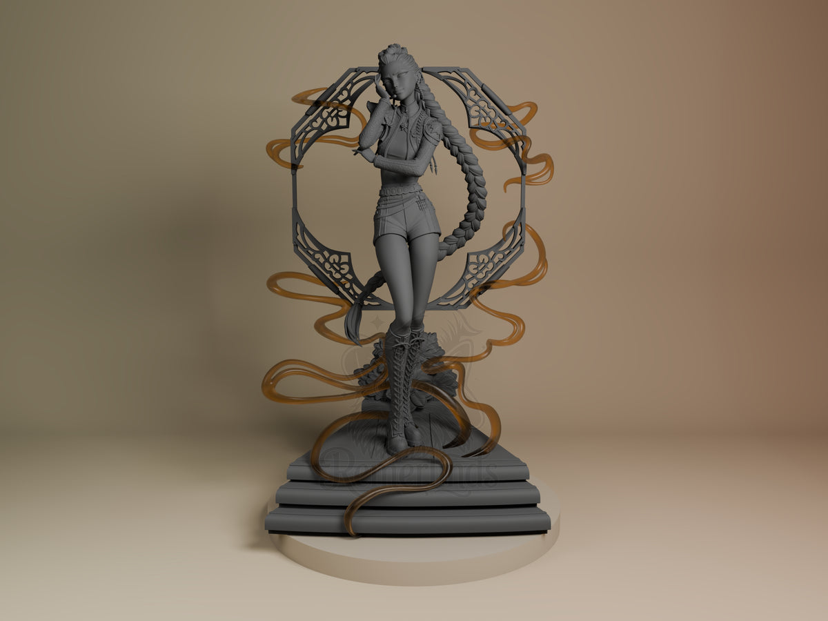 Rumi from KPop Demon Hunters resin figure shown front view, standing pose with braided hair, unpainted gray resin with bronze metallic base and ornate tentacle-like frame detail.