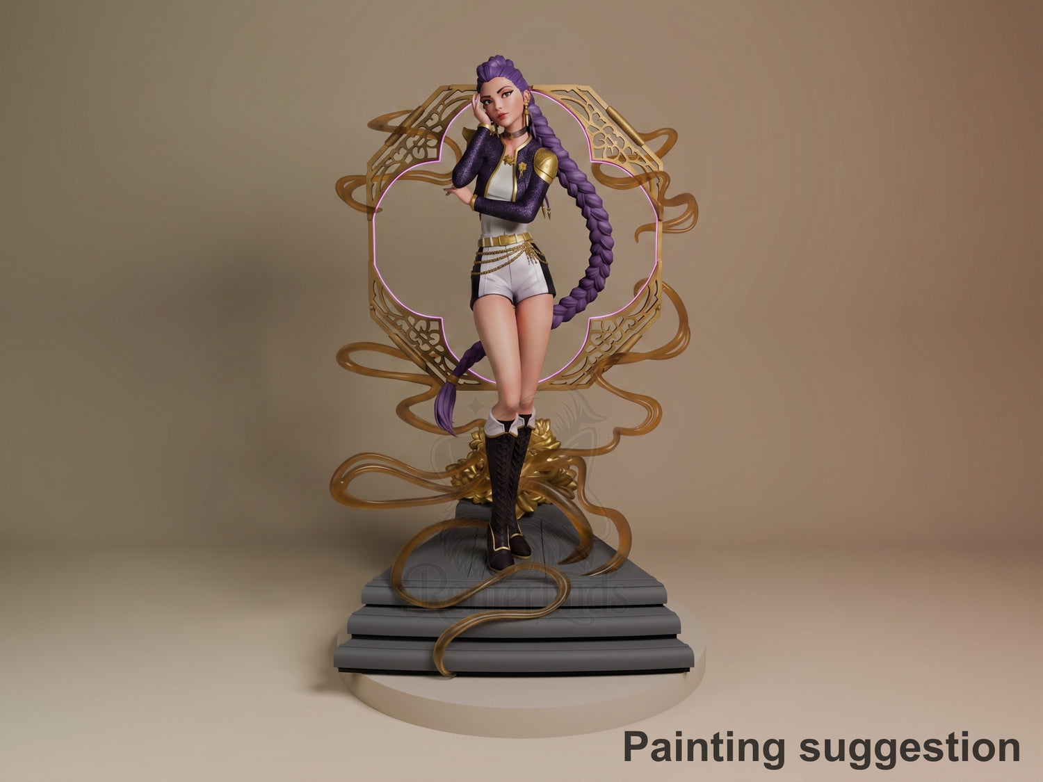 Rumi from KPop Demon Hunters 3D resin figure, painted, standing posed on ornate gold-trimmed base with purple braided hair and white outfit.