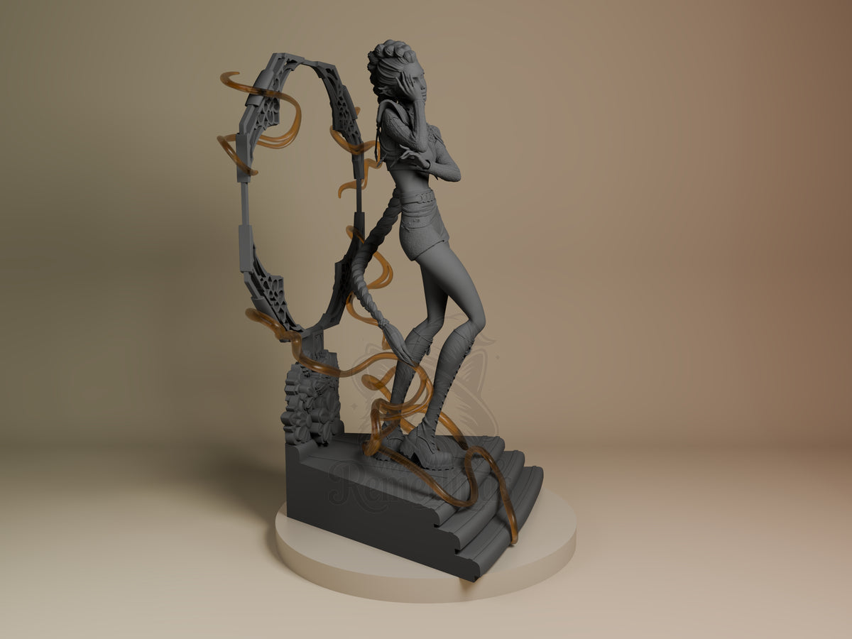 Rumi from KPop Demon Hunters resin figure shown from the right side, standing on stepped base with ornate golden staff, unpainted gray finish.