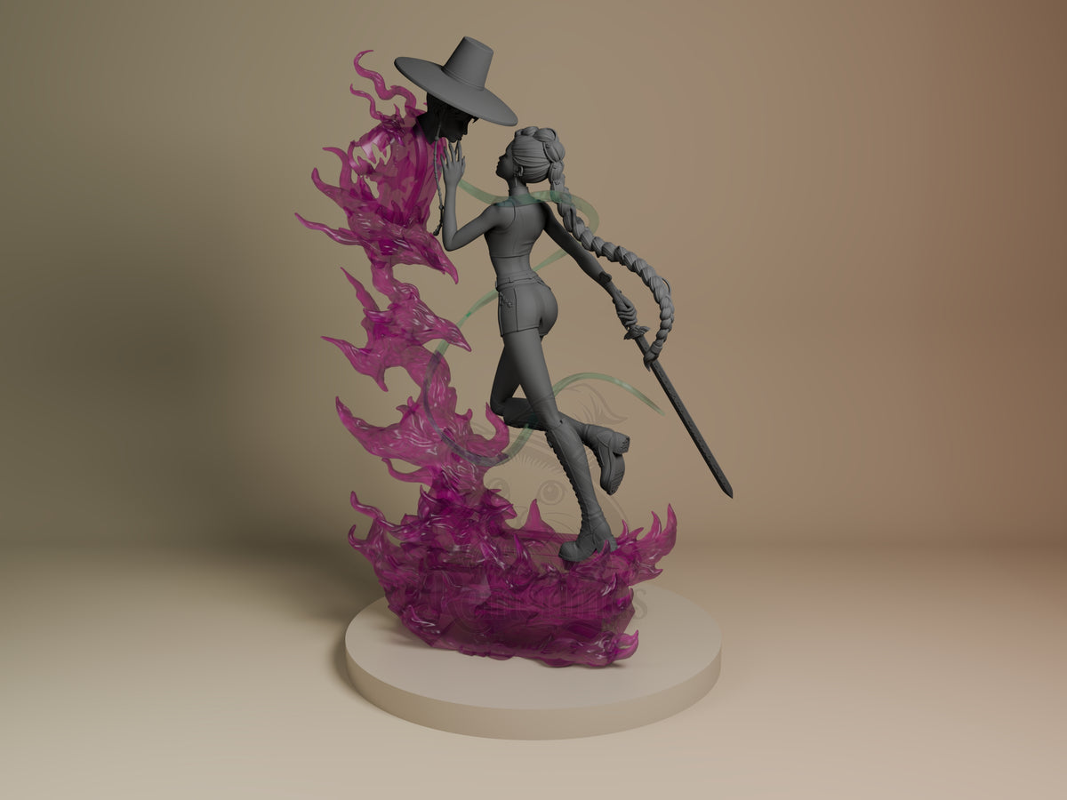 Back view of Rumi from KPop Demon Hunters, unpainted resin figure with braid, sword, flame base.
