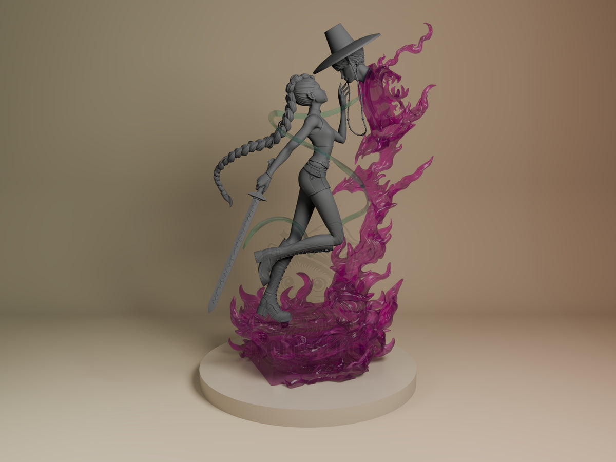 Rumi from KPop Demon Hunters is a front-view unpainted resin figure with sword on a flame base.