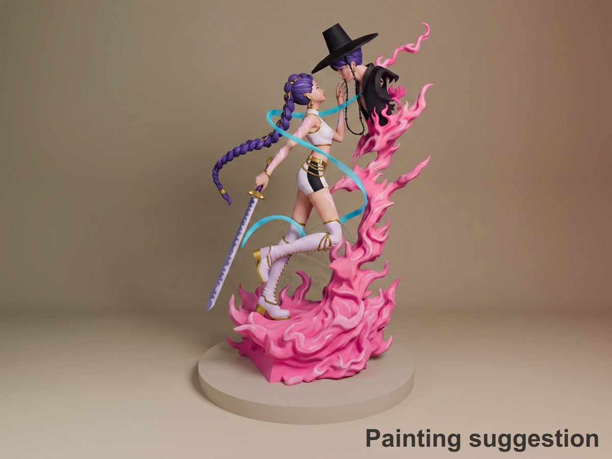 Painted Rumi from KPop Demon Hunters resin figure kneels beside a taller figure on a flame base.