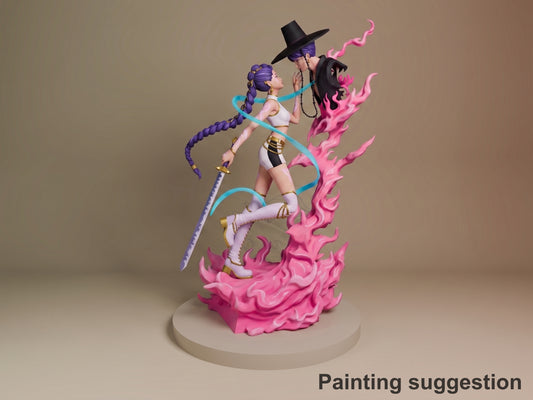 Rumi from KPop Demon Hunters painted resin figure posed dynamically on pink flame base, wearing white outfit and black hat with purple hair, holding staff.