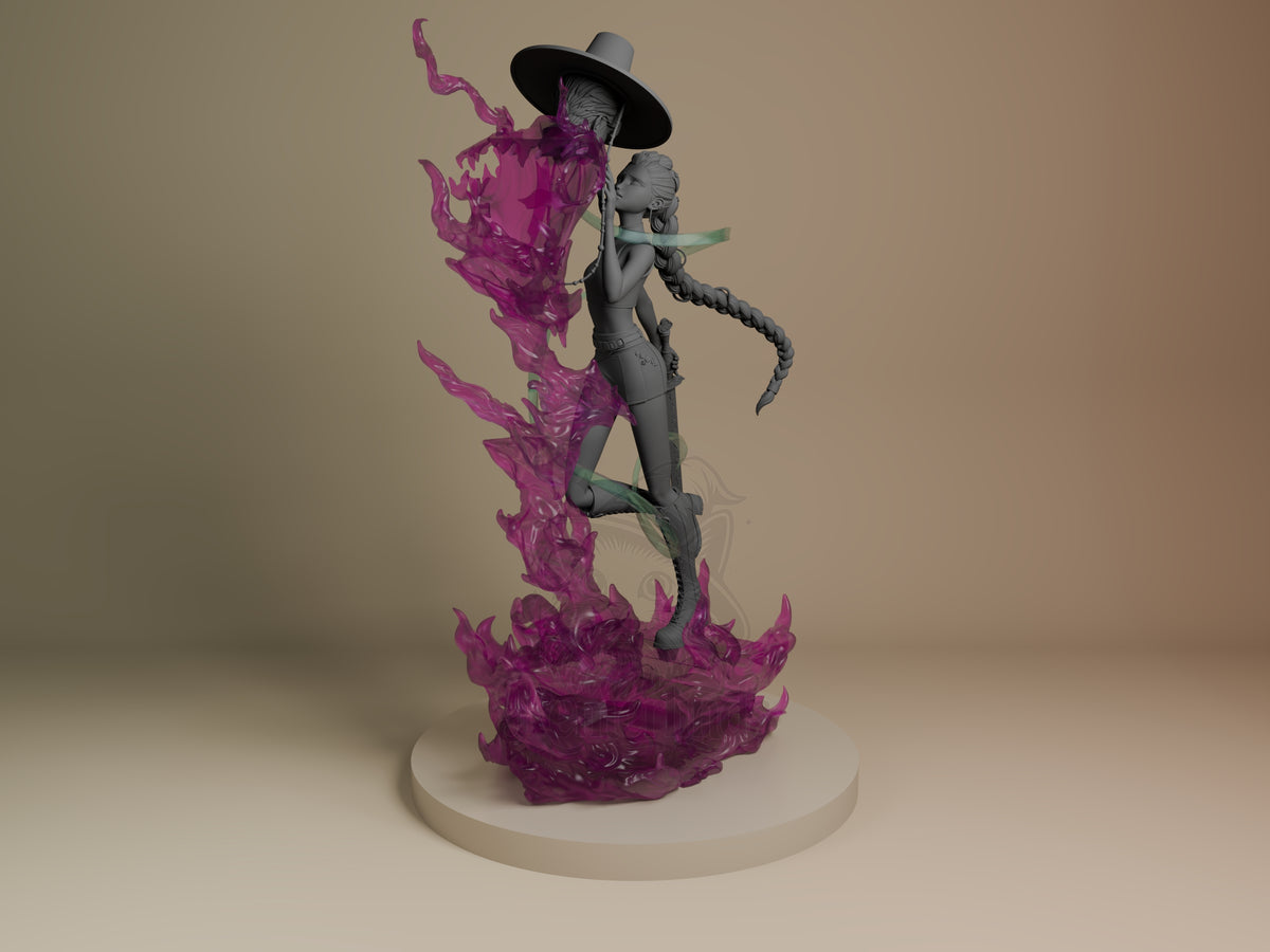 Rumi from KPop Demon Hunters is an unpainted resin figure kneeling on a purple flame base.