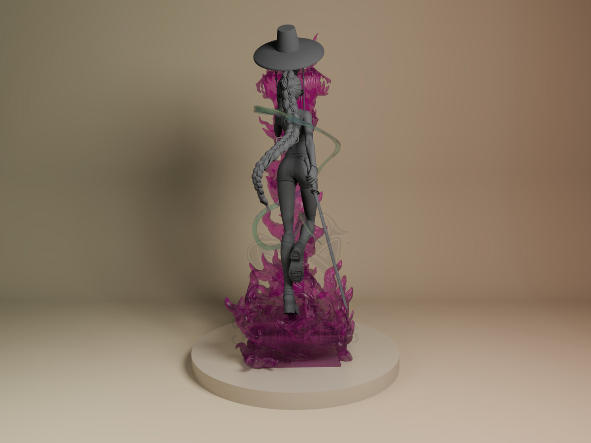 Rear view of Rumi from KPop Demon Hunters, an unpainted resin figure with braid, hat, sword, and sculpted base.