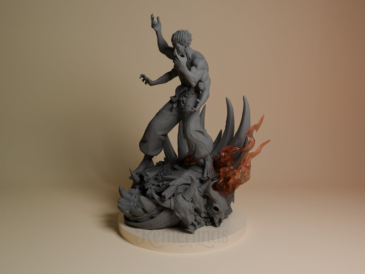 Ryomen Sukuna resin figure from Jujutsu Kaisen shown at angle, standing on demon head base with red flame detail, unpainted gray body with dynamic pose.