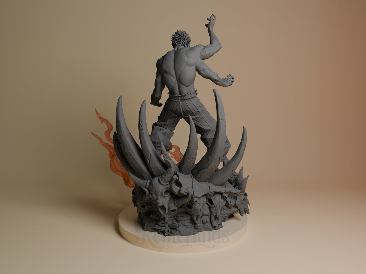 Ryomen Sukuna resin figure from Jujutsu Kaisen shown from back, shirtless muscular torso on spiked demon base with orange flame accents, unpainted gray resin.
