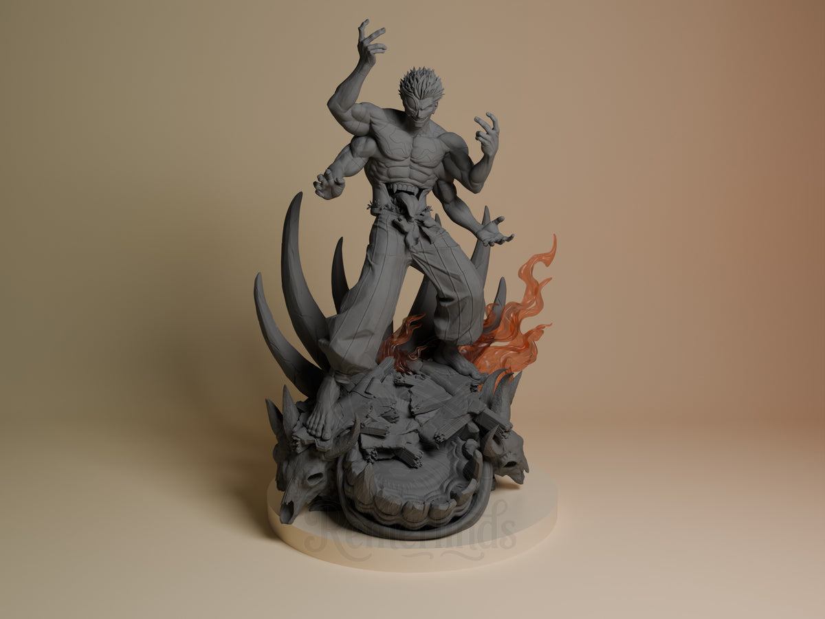 Ryomen Sukuna resin figure from front, unpainted gray with spiky hair, muscular torso, dynamic pose on demonic base with orange flame accents.