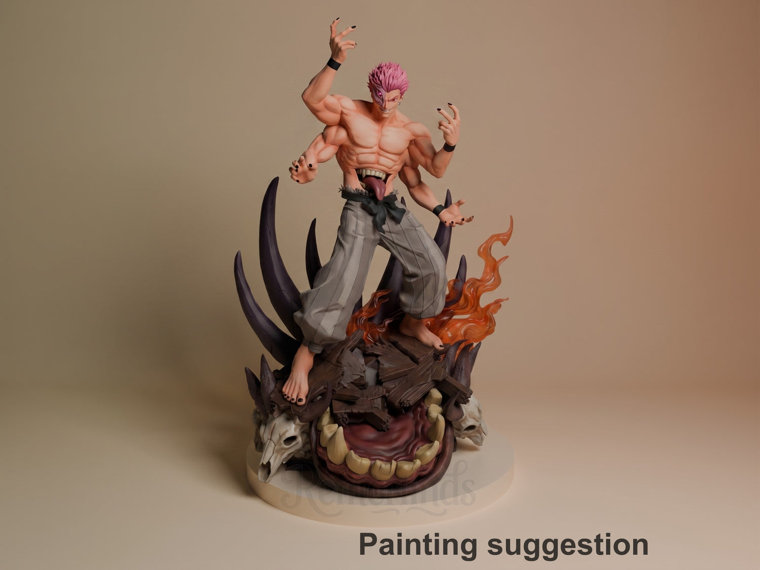 Ryomen Sukuna resin figure in dynamic pose atop detailed demon skull base with flame effects, pink hair and muscular torso painted, gray pants and black accents, arms raised expressively.