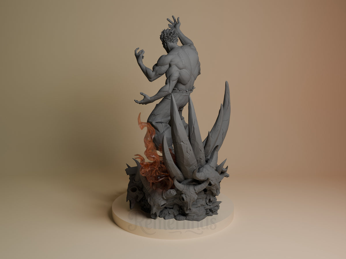 Ryomen Sukuna resin figure from Jujutsu Kaisen shown from left side, bare-chested on demon head base with spiky protrusions, arms raised, grey unpainted with red accent details.