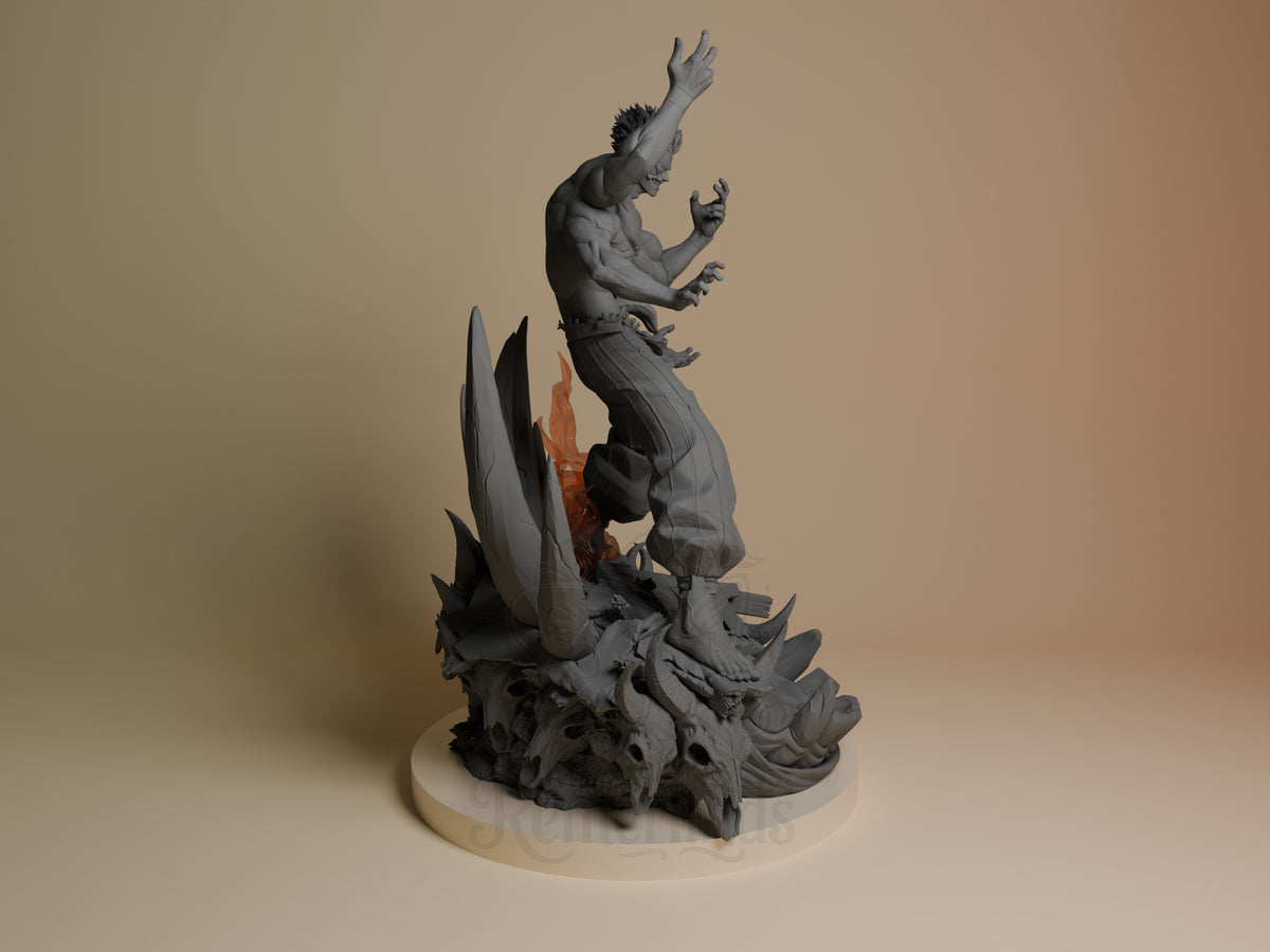 Ryomen Sukuna resin figure from Jujutsu Kaisen shown from right angle, unpainted gray with orange accents, posed on creature base with spiky protrusions.