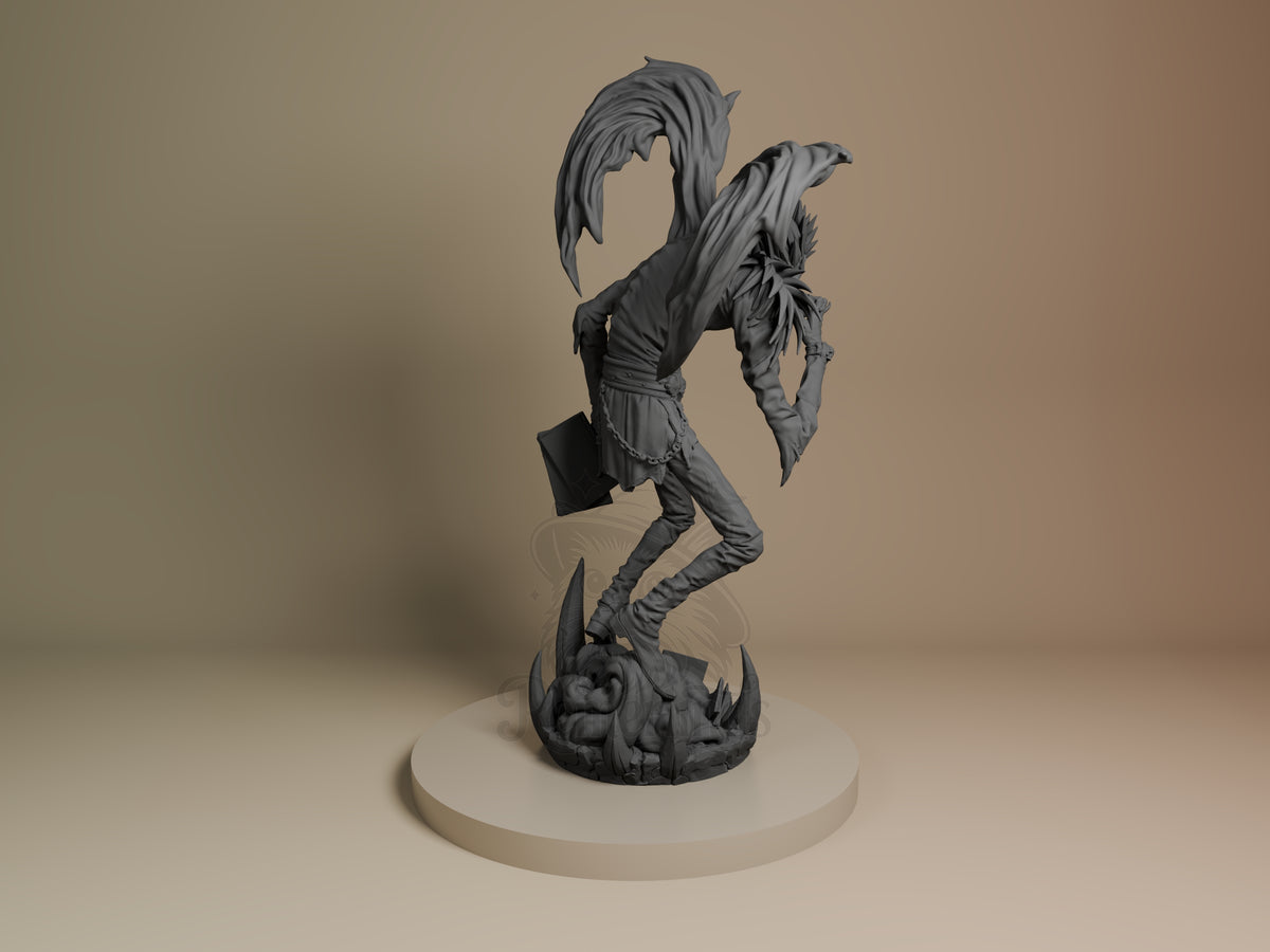 Ryuk from Deathnote is shown from behind as an unpainted resin figure on a sculpted rocky base.