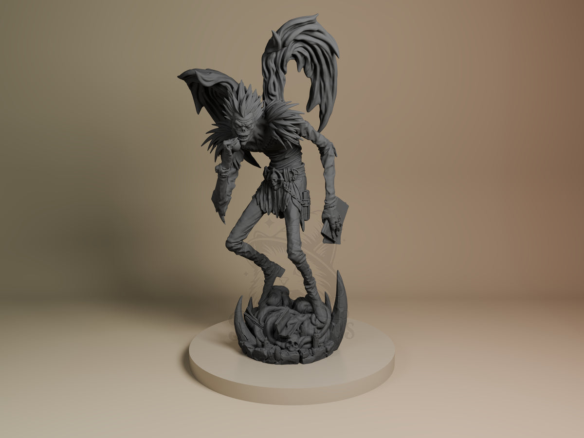 Front view of Ryuk from Deathnote, an unpainted resin figure with wings on a sculpted base.