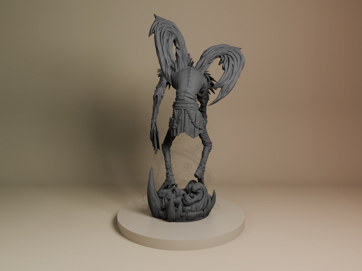 Ryuk from Deathnote is shown from the rear, standing with wings spread on a sculpted base as a resin figure.