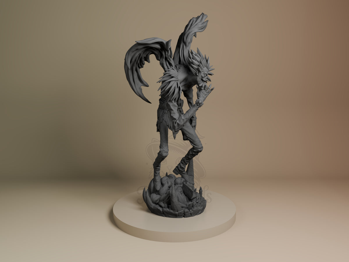 Right-side view shows Ryuk from Deathnote, an unpainted resin figure posed on a sculpted base.