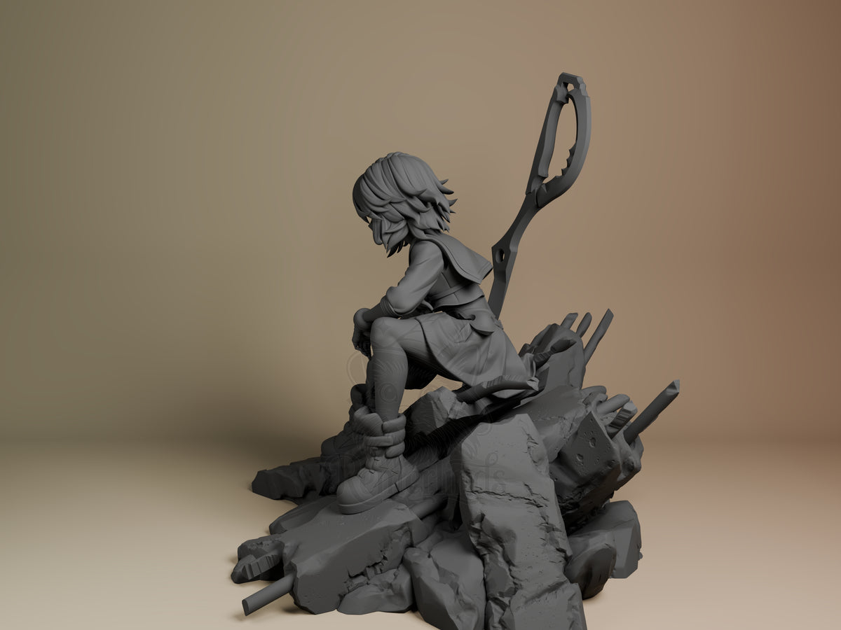 Ryuko Matoi resin figure from Kill la Kill, side angle view, unpainted gray, posed on rocky base with senketsu armor, holding scythe weapon.