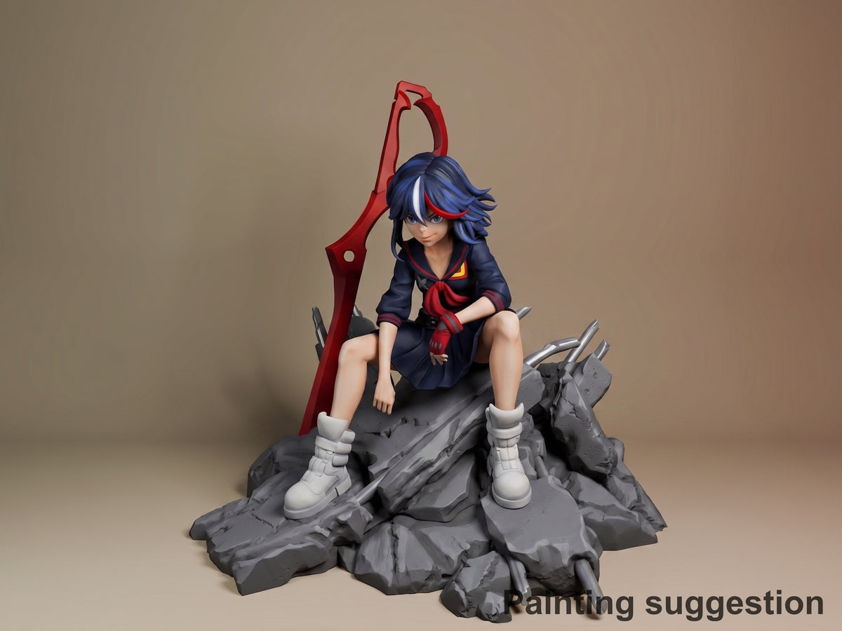 Ryuko Matoi resin figure seated on rocky base, holding red scissor blade, blue hair with red streaks, navy uniform, white boots, fully painted with dynamic pose.