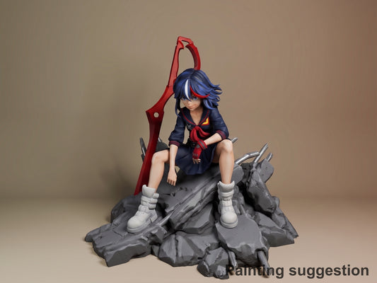Ryuko Matoi resin figure seated on rocky base, holding red scissor blade, blue hair with red streaks, navy uniform, white boots, fully painted with dynamic pose.